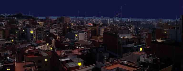 Salut Alta cases que brillen a la nit